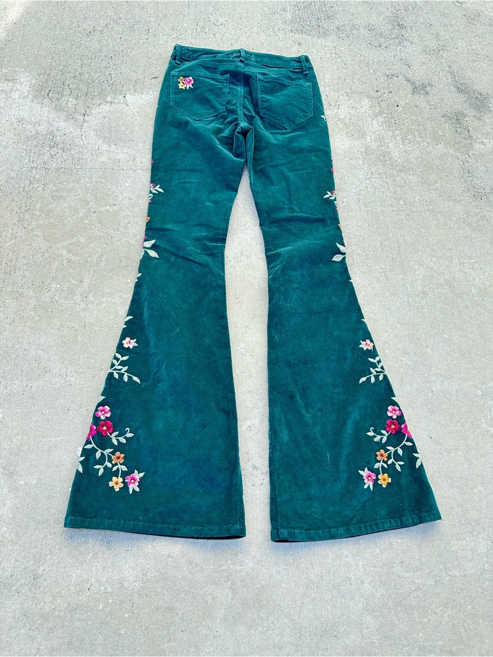 Driftwood Farrah Corduroy Embroidered Floral Flare Pants|Dark Green multi NWT~24 - Picture 3 of 6